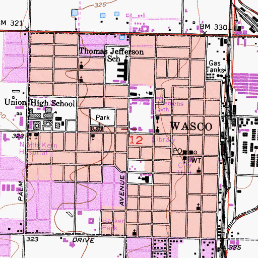 Topographic Map of Wasco Union Grammar School (historical), CA