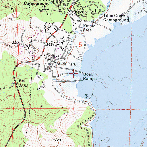 Topographic Map of Tillie Creek Boat Ramp, CA