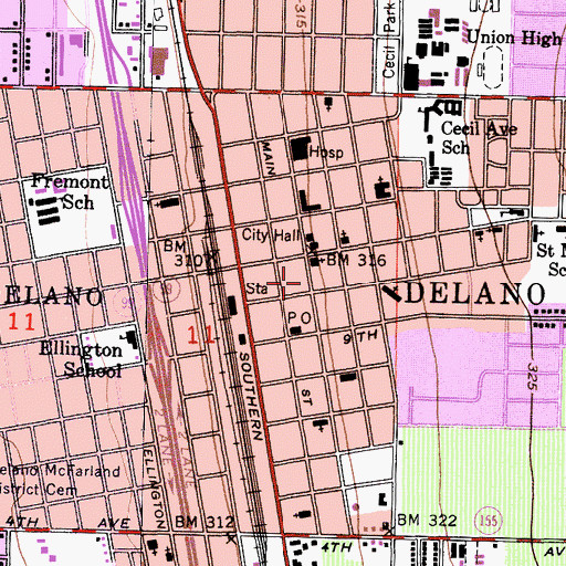 Topographic Map of Delano Branch Kern County Library, CA