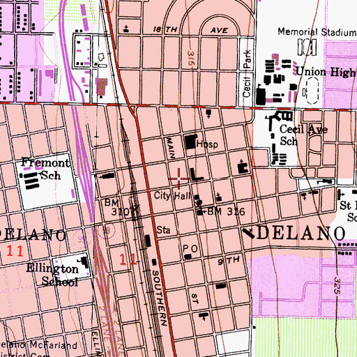 Topographic Map of Kern County Fire Department Station 34 Delano, CA