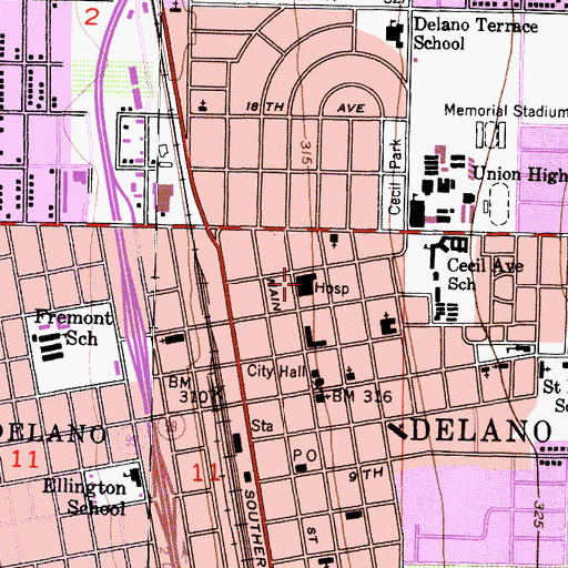 Topographic Map of Delano Hospital, CA
