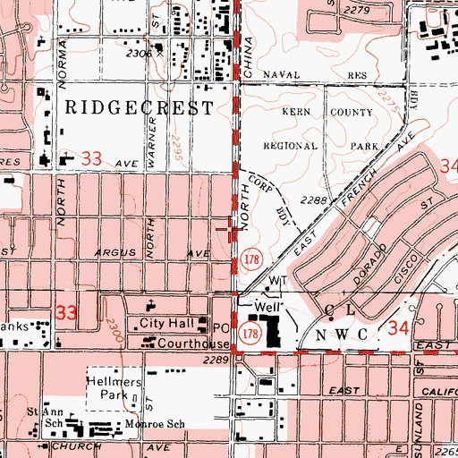 Topographic Map of Ridgecrest Post Office, CA