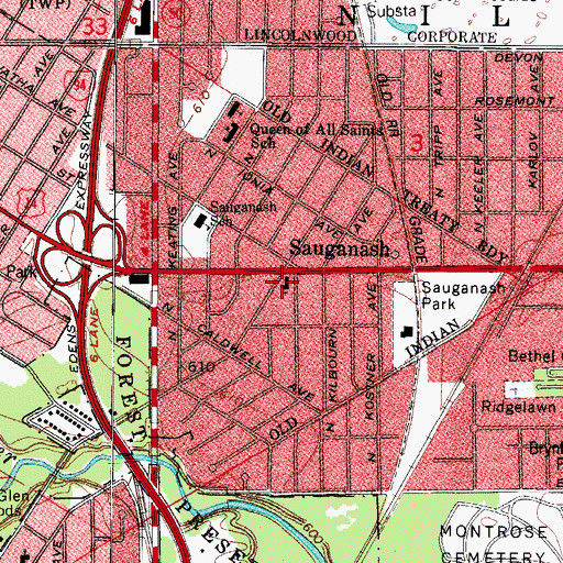 Topographic Map of Sauganash Community Church, IL