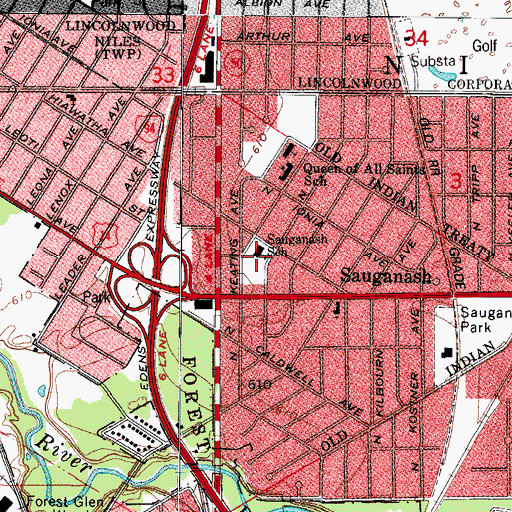 Topographic Map of Sauganash Elementary School, IL