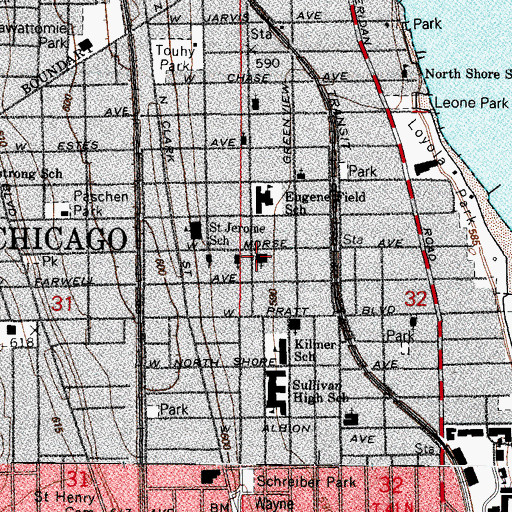 Topographic Map of United Church of Rogers Park, IL