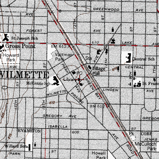 Topographic Map of Wilmette Public Library, IL
