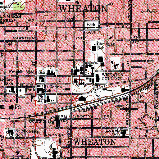 Topographic Map of Adams Hall, IL