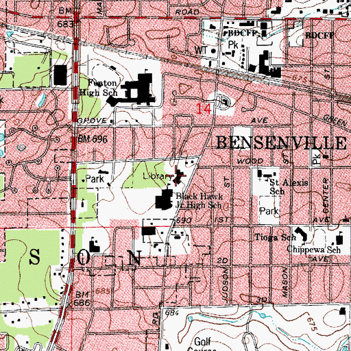 Topographic Map of Bensonville Community Public Library, IL