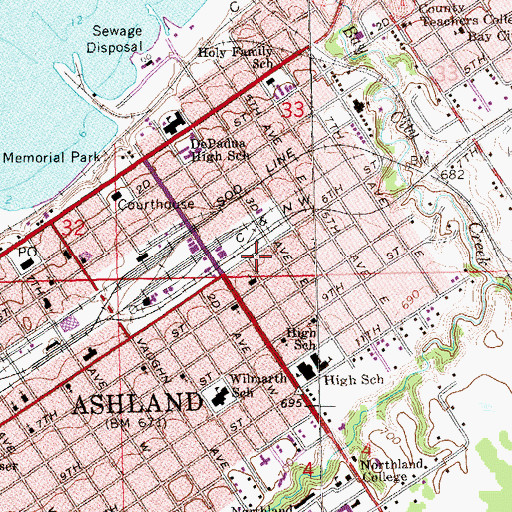 Topographic Map of Ashland County Jail, WI