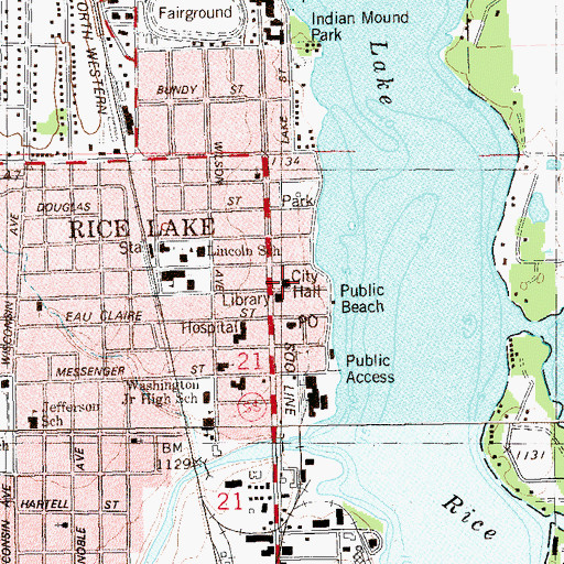 Topographic Map of Rice Lake City Hall, WI