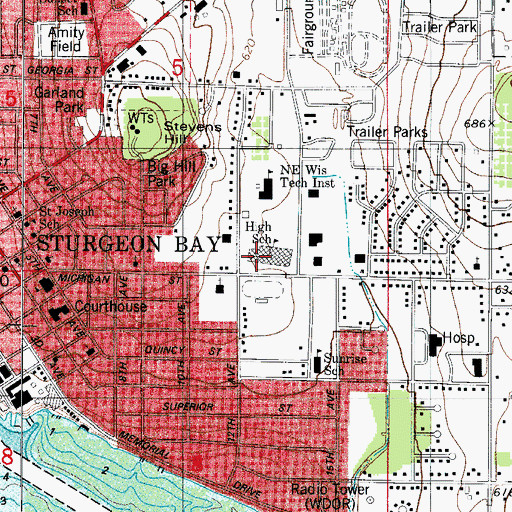 Topographic Map of Sturgeon Bay High School, WI