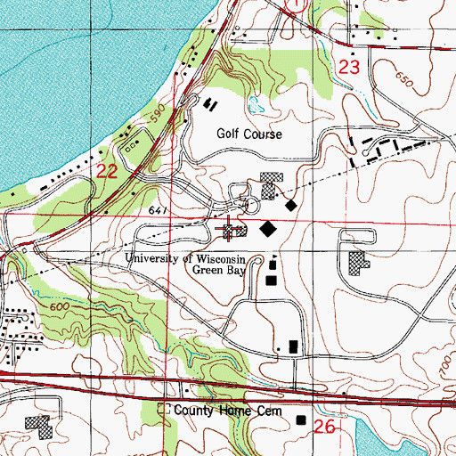 Topographic Map of L G Wood Hall, WI