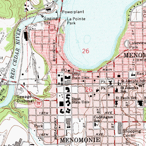 Topographic Map of Menomonie Downtown Historic District, WI