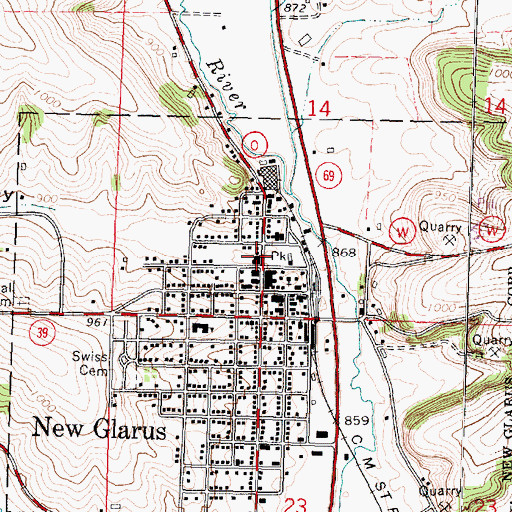 Topographic Map of New Glarus City Hall, WI