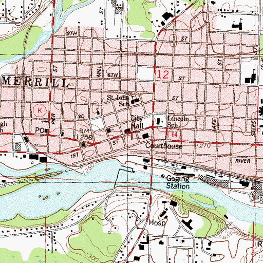 Topographic Map of Merrill City Hall, WI
