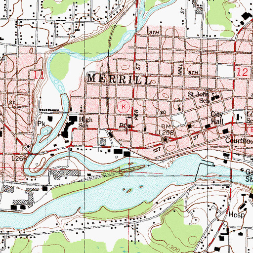 Topographic Map of Merrill Post Office, WI