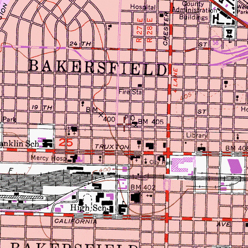 Topographic Map of Downtown Bakersfield Post Office, CA