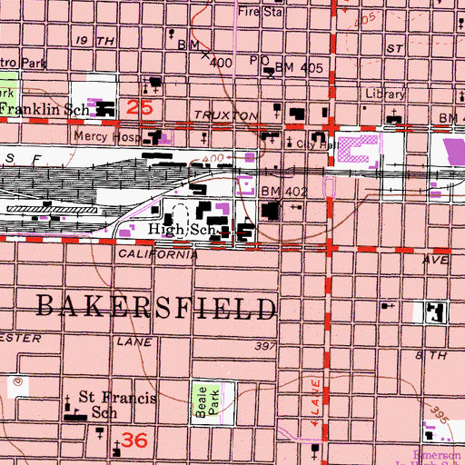 Topographic Map of Bakersfield Adult School, CA