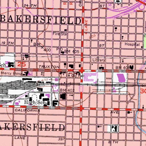 Topographic Map of Bakersfield City Hall, CA