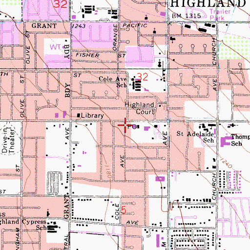 Topographic Map of Highland Branch San Bernardino County Library, CA