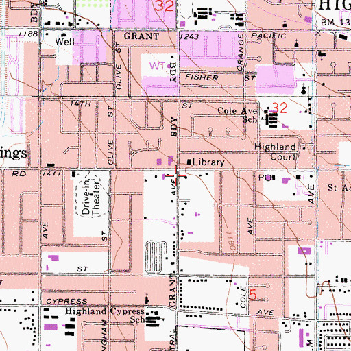 Topographic Map of Highland City Hall, CA