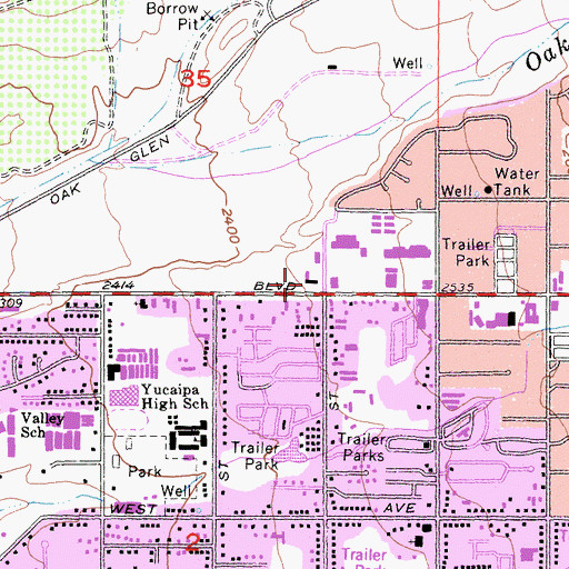 Topographic Map of Yucaipa Branch San Bernardino County Library, CA