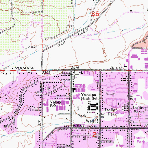 Topographic Map of Yucaipa Church of Christ, CA