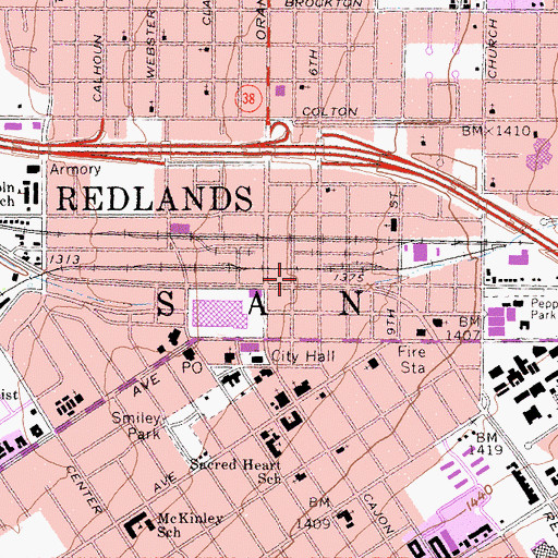 Topographic Map of Redlands Centennial Plaza Shopping Center, CA