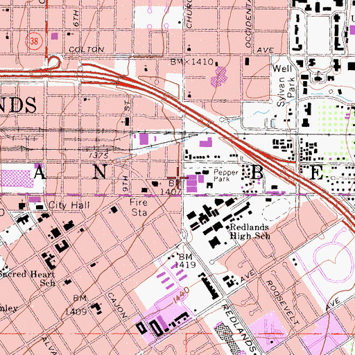 Topographic Map of Redlands Junior High School, CA