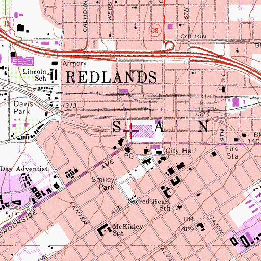 Topographic Map of Redlands Mall Shopping Center, CA