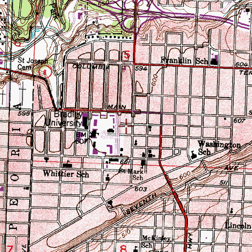 Topographic Map of Elmwood Hall, IL