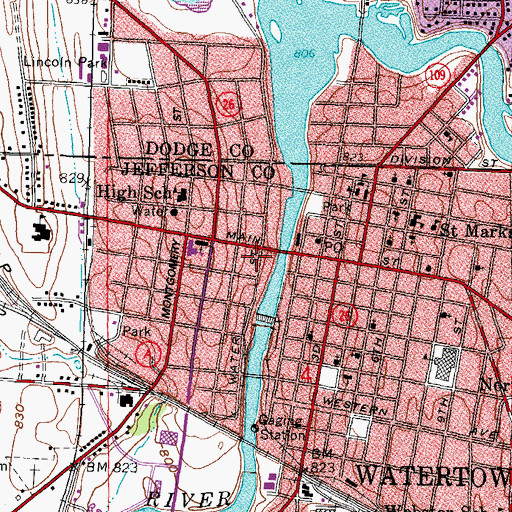 Topographic Map of Watertown Free Public Library, WI