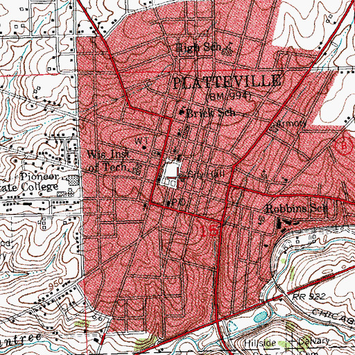 Topographic Map of Platteville City Hall, WI