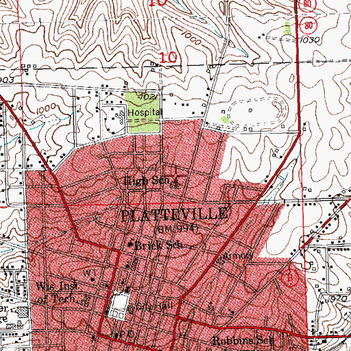 Topographic Map of Platteville Middle School, WI