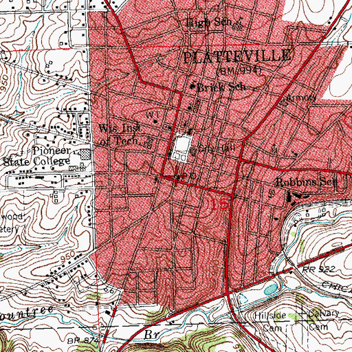 Topographic Map of Platteville Post Office, WI