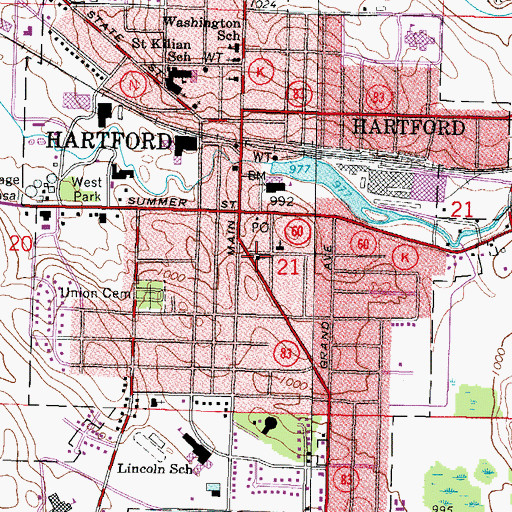 Topographic Map of First Congregational Church of Hartford, WI