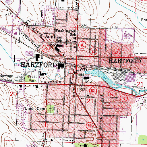 Topographic Map of Hartford City Hall, WI
