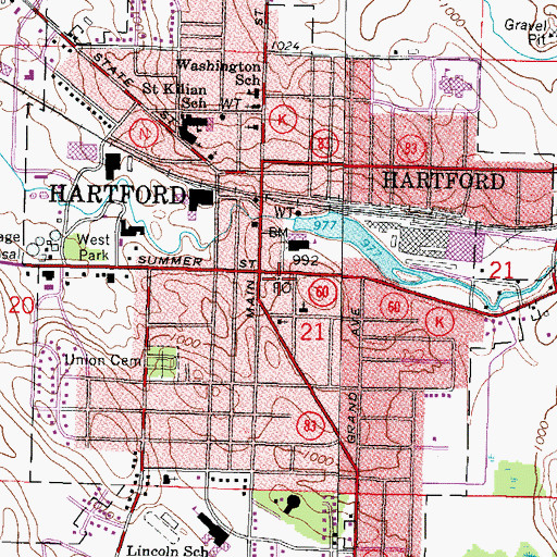 Topographic Map of Hartford Post Office, WI