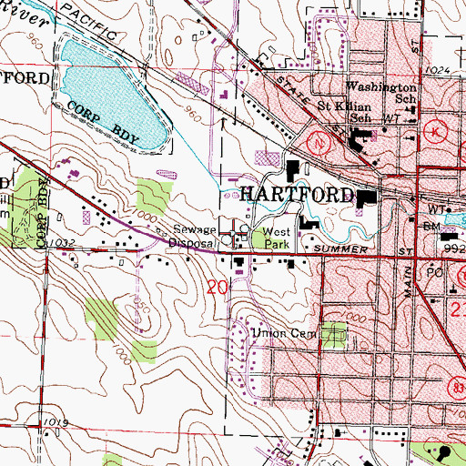 Topographic Map of Hartford Sewage Disposal Plant (historical), WI