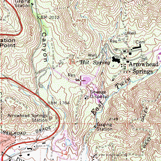 Topographic Map of Arrowhead Springs Hot Lake, CA