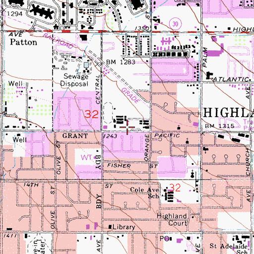 Topographic Map of Highland - Pacific Elementary School, CA
