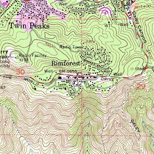 Topographic Map of Rimforest Post Office, CA
