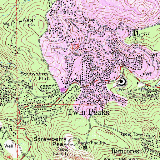 Topographic Map of Twin Peaks Post Office, CA
