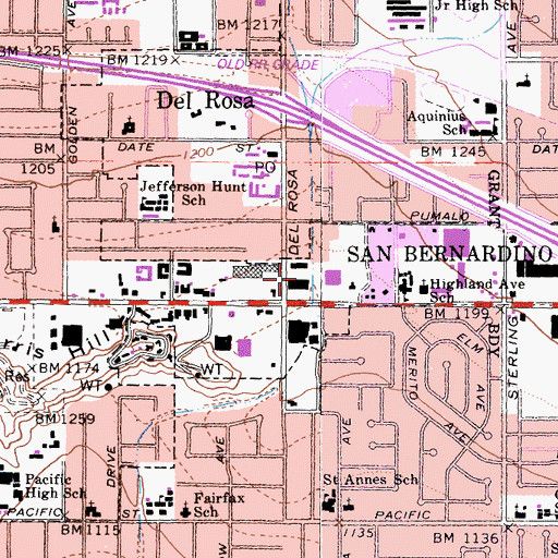 Topographic Map of Del Rosa Shopping Center, CA