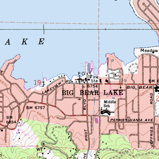 Topographic Map of Big Bear Lake Post Office, CA