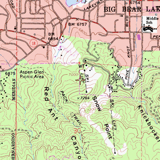 Topographic Map of Snow Forest Ski Area, CA