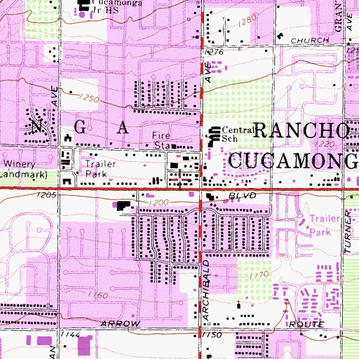 Topographic Map of Archibald Shopping Center, CA