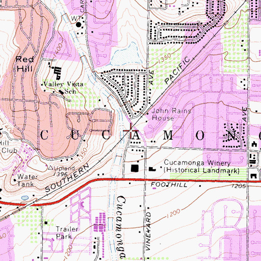 Topographic Map of Casa de Rancho Cucamonga County Museum, CA