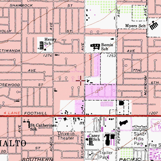 Topographic Map of First Congregational Church of Rialto, CA