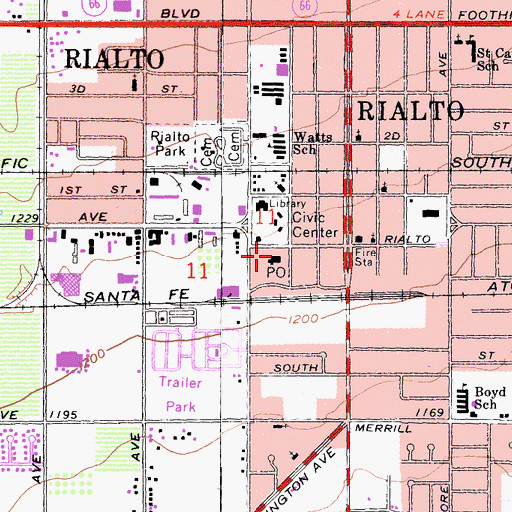 Topographic Map of Rialto Post Office, CA